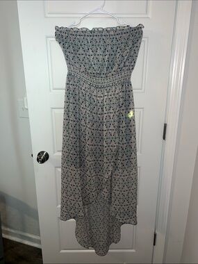 Kohl's Strapless Smocked Maxi Dress in Beige and Navy Print